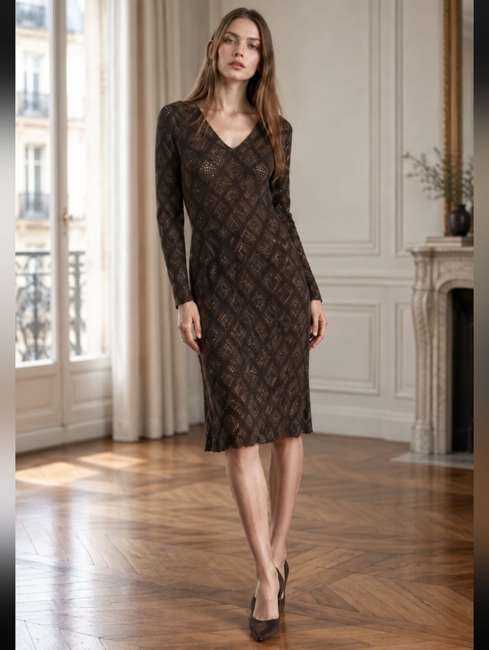 Carole Little Vintage Long Sleeve Brown V-Neck Knit Midi Dress Women's Size 12